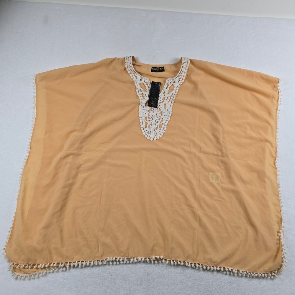 Colors of India Silk Blend Kaftan Coverup Beige Crochet Lace Free Size VNeck NWT